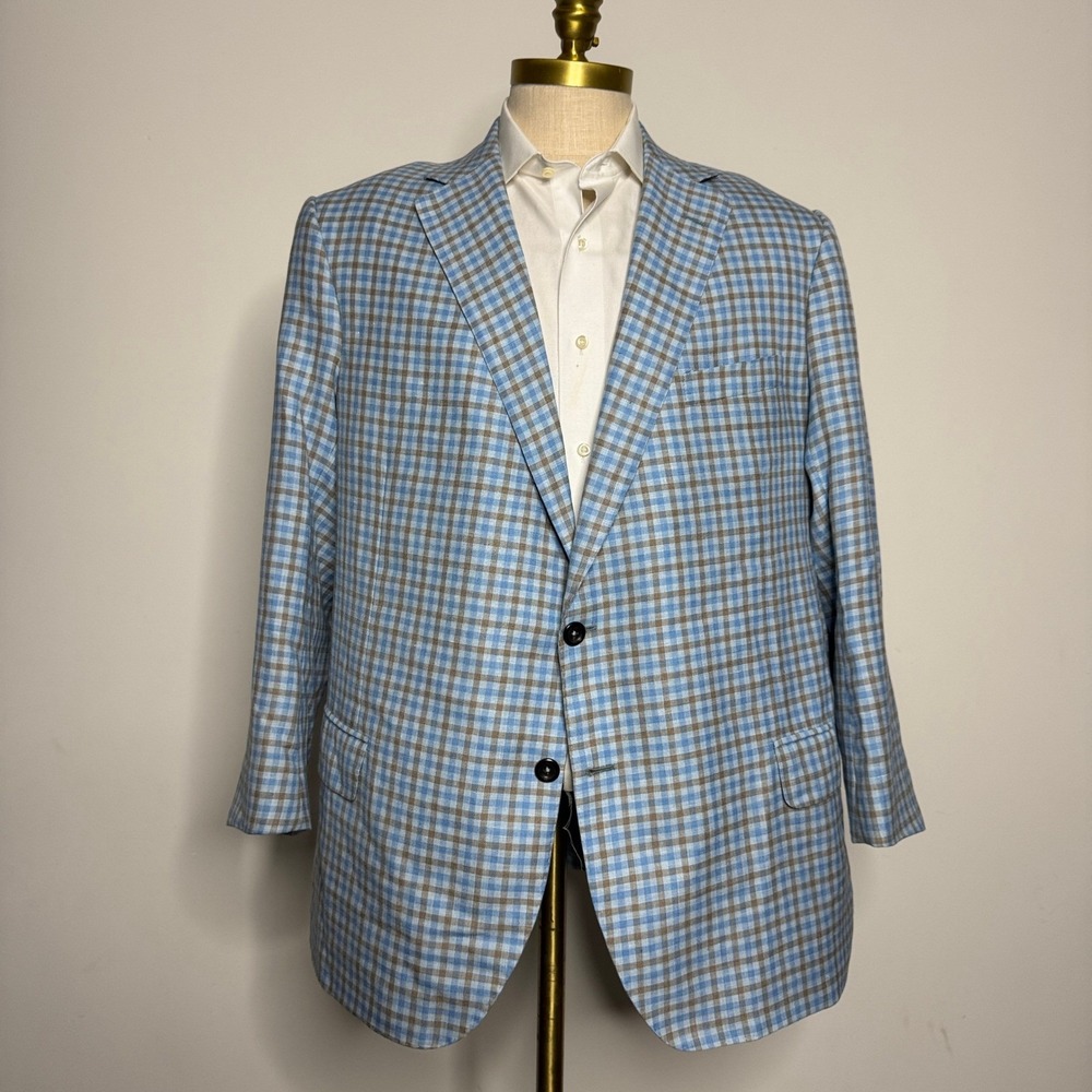 Oxxford Clothes Sport Coat Mens 50L Blue Tan Check Wool Linen Silk Archer N2